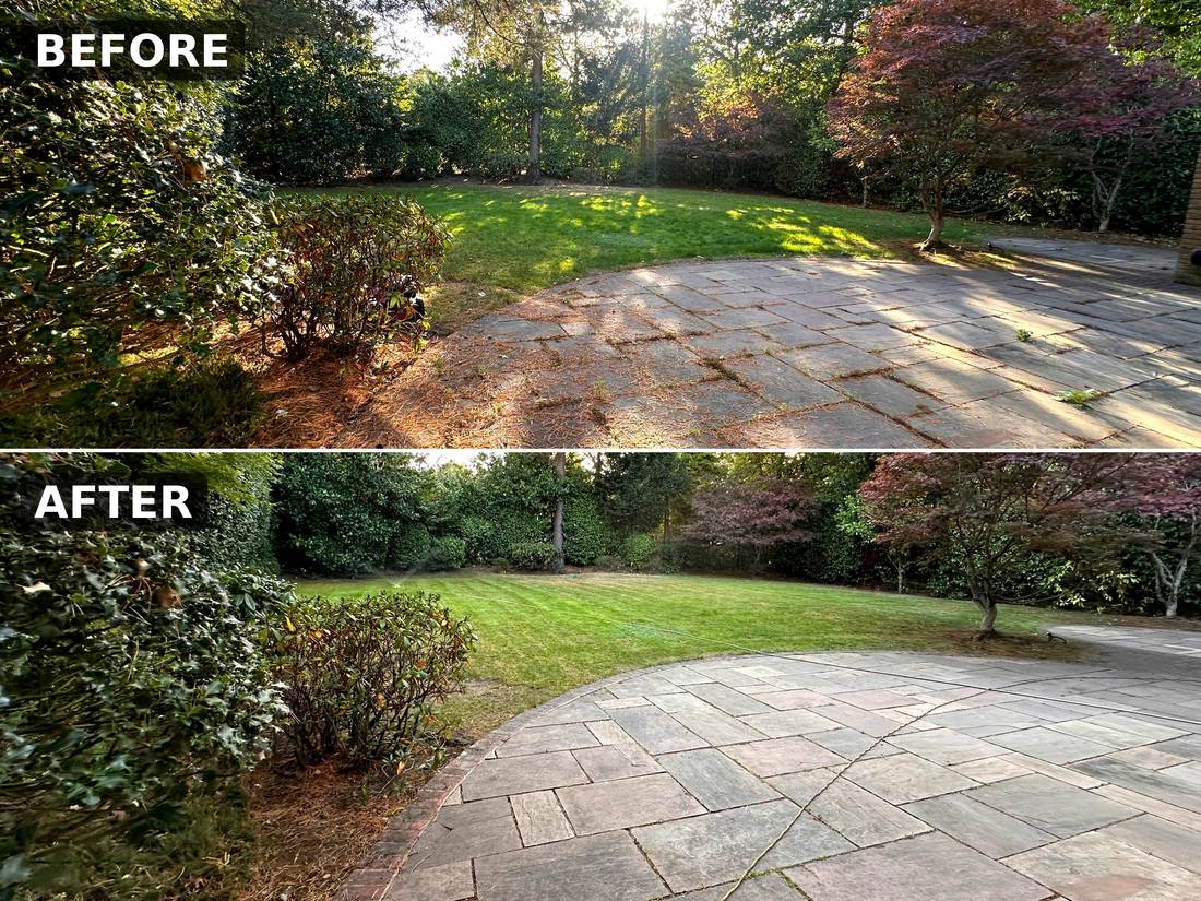 Before and after: overgrown lawn and mossy patio tidied up, St George's
